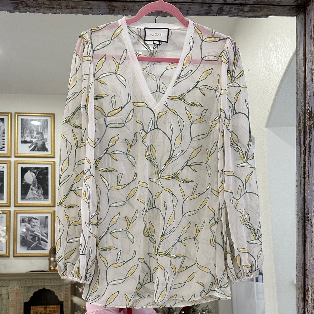 Alexis Sheer Leaf Print Blouse - White and Yellow